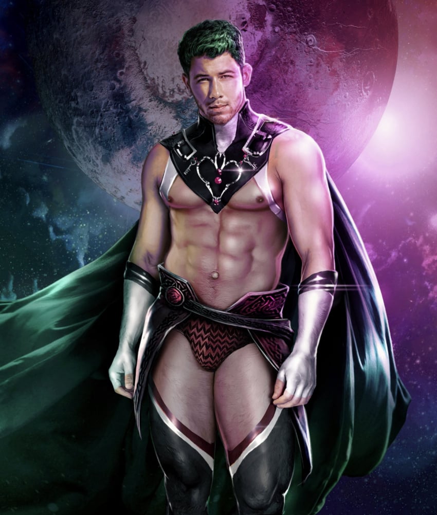 1boy actor bishoujo_senshi_sailor_moon bulge cape carlos_gzz caucasian caucasian_male celebrity green_hair looking_at_viewer male male_only muscles muscular muscular_male musician nick_jonas real_person sailor_pluto_(cosplay) solo solo_male thick_thighs