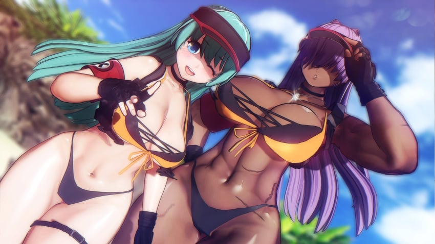 2022 2girls 3d 3d_(artwork) age_difference alternate_breast_size alternate_costume alternate_version_available aqua_eyes aqua_hair bikini black_panties cline_(metal_slug) dark-skinned_female fingerless_gloves growth_(metal_slug) hair_over_eyes height_difference long_hair looking_at_viewer metal_slug metal_slug_attack purple_hair seductive shiro_(artist) snk tagme thick_thighs thighs