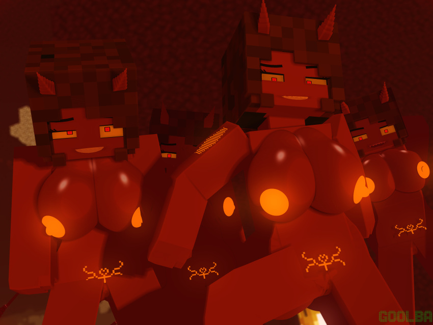 3d 4girls adult big_breasts brown_hair crazy_eyes crazy_smile demon_girl erect_nipples female fire glowstone goolba hell horny horny_female imminent_sex kellyss looking_at_another looking_at_viewer mine-imator minecraft multiple_girls nether nude_female pussy red_body red_eyes red_horns red_skin smile tagme