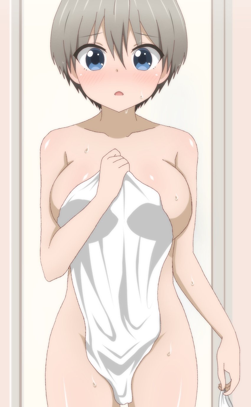 bangs black_hair blue_eyes blush breasts collarbone commentary covering cowboy_shot female grey_hair hair_between_eyes hand_up highres holding holding_clothes holding_panties holding_towel holding_underwear indoors large_breasts looking_at_viewer multicolored_hair nose_blush nude nude_cover open_mouth panties panties_removed poa_mellhen shiny shiny_skin short_hair solo standing thighs towel two-tone_hair underwear uzaki-chan_wa_asobitai! uzaki_hana wet white_towel