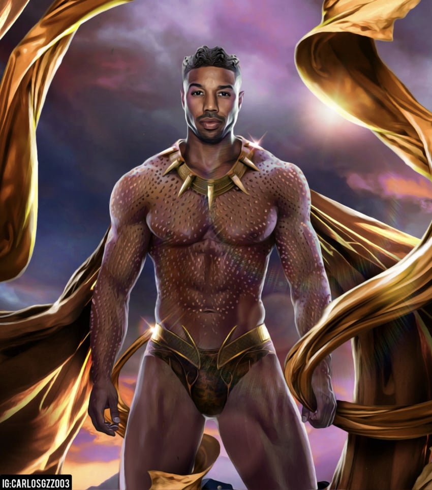 1boy actor african african_male black_panther_(2018) black_panther_(series) bulge carlos_gzz celebrity erik_killmonger human human_only in_character looking_at_viewer male male_only marvel marvel_cinematic_universe melanin michael_b_jordan muscular muscular_male necklace solo underwear underwear_only villain