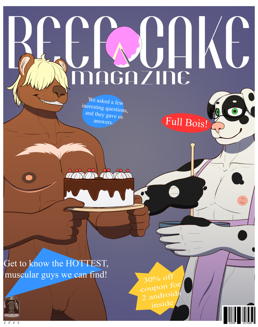 2022 5_fingers absurd_res andromorph anthro apron apron_only barcode cake canid canine canis clothing container cover cover_art cover_page cumjarbunny cuntboy dalmatian dessert digital_drawing_(artwork) digital_media_(artwork) domestic_dog duo english_text eyewear facial_piercing fingers food fur fur_markings genitals glasses hair hair_over_eyes hi_res holding_food holding_object intersex kitchen_utensils lip_piercing looking_at_viewer magazine magazine_cover male mammal markings mastectomy_scar mixing_bowl mostly_nude multicolored_body multicolored_fur muscular muscular_andromorph muscular_intersex nipples nude open_mouth piercing pussy scar simple_background smile spots spotted_body text tools ursid watermark white_body white_fur