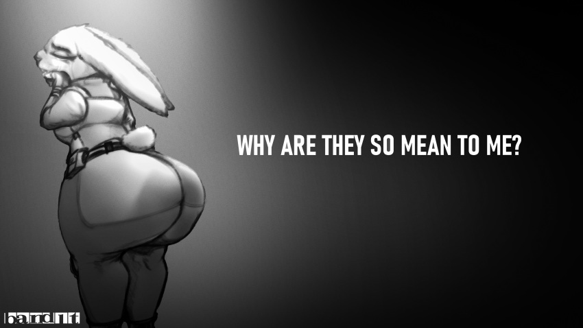 16:9 anthro band1tnsfw belt belt_pouch big_breasts big_butt busty clothing crying crying_tears digital_art digital_drawing_(artwork) digital_media_(artwork) ears_down english_text everyone_is_so_mean_2_me female female_focus female_only furry furry_only greyscale judy_hopps judy_hopps_allegation_challenge knee_pads medium_breasts police_uniform portrait rabbit sad text thick_thighs tight_pants wiping_tears zootopia