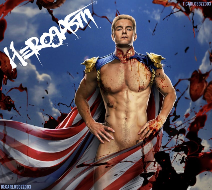 1boy actor american_flag anthony_starr bloody cape carlos_gzz caucasian caucasian_male celebrity english_text homelander in_character looking_at_viewer male male_only muscles muscular muscular_male solo solo_male the_boys