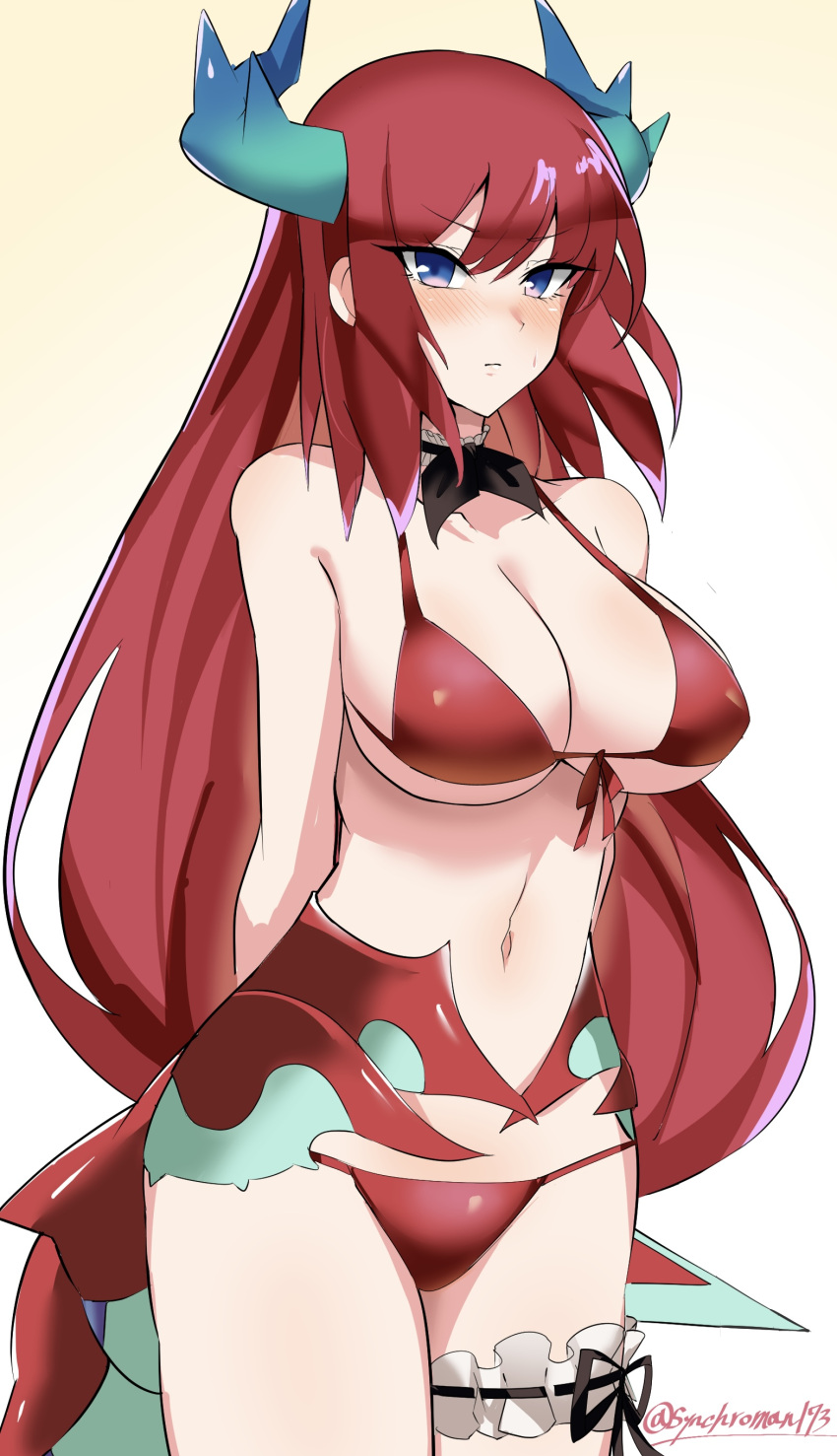 absurdres bikini blue_eyes blush breasts cleavage detached_collar dragon_girl dragon_horns dragon_tail duel_monster female highres horns kitchen_dragonmaid long_hair looking_at_viewer low_wings midriff navel red_bikini red_hair signature solo swimsuit synchroman tail very_long_hair wings yu-gi-oh!