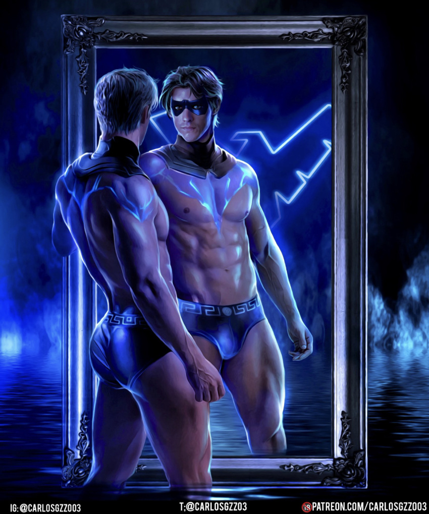 1boy actor ass back_muscles batman_(series) brenton_thwaites bulge butt carlos_gzz caucasian caucasian_male celebrity dc dc_comics dick_grayson in_character male male_only masked mirror muscles muscular muscular_male nightwing reflective_floor solo teen_titans titans uncensored underwear underwear_only yaoi