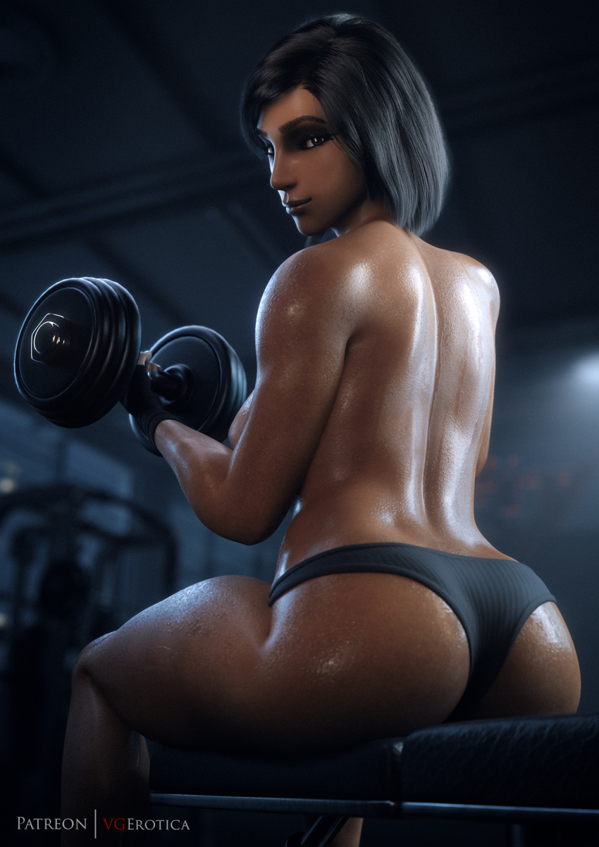 1girls 3d ass black_hair blender blizzard_entertainment bottomwear clothed clothing dark-skinned_female dark_skin dumbbell egyptian egyptian_female female female_focus female_only gym gym_clothes gym_shorts gym_storeroom looking_at_viewer looking_back overwatch overwatch_2 pharah sideboob sitting solo sweat sweatdrop sweating thick_ass thick_thighs topless vgerotica watermark workout