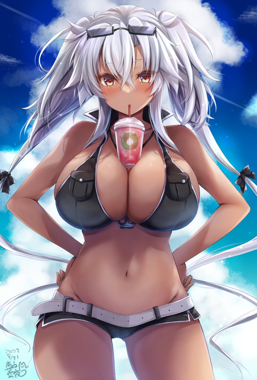 absurdres alternate_costume ass_visible_through_thighs belt bikini black-framed_eyewear blush breasts bright_eyes brown_eyes bubble_tea_challenge cloud cowboy_shot crop_top cup dark-skinned_female dark_skin disposable_cup drink drinking drinking_straw drinking_straw_in_mouth eyewear_on_head female glasses grey_hair hair_between_eyes hands_on_hips highres huge_breasts kantai_collection long_hair looking_at_viewer mashiro_yukiya musashi_(kantai_collection) navel object_on_breast official_alternate_costume outdoors rectangular_eyewear red_eyes semi-rimless_eyewear short_shorts shorts side_slit sky solo sunglasses swimsuit thighhighs twintails under-rim_eyewear very_long_hair white_belt white_hair