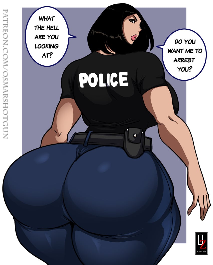 1girls 2022 big_ass black_hair brown_eyes bubble_ass bubble_butt female female_only huge_ass light-skinned_female male_gaze massive_ass original osmar-shotgun police police_uniform policewoman speech_bubble text thicc_french_policewoman tight_pants