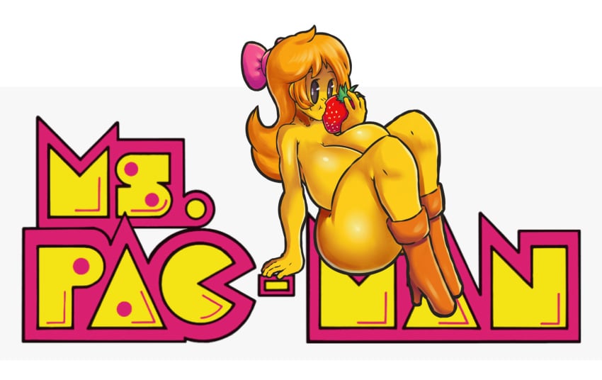 1girls anthro bandai_namco big_ass big_breasts boots bow eating eating_fruit female fruit hair_ribbon lotikmac milf ms._pac-man namco pac-man_(series) pin_up strawberry tagme thick_thighs video_games yellow_body yellow_skin