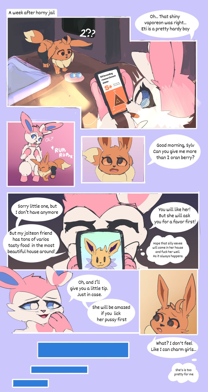 3_toes absurd_res brown_body comic dialogue eevee eeveelution english_text eti_(utopianvee) feet female feral generation_1_pokemon generation_6_pokemon hi_res jolteon male mammal nintendo open_mouth oran_berry phone pokemon pokemon_(species) pokemon_berry profanity speech_bubble sylveon text toes utopianvee video_games