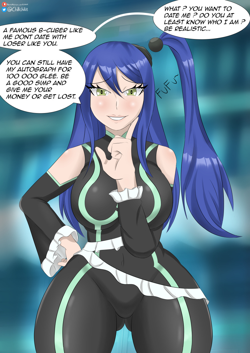 big_breasts blue_hair chillchili edens_zero english_text femdom hips labilia_christy looking_at_viewer mocking solo speech_bubble thigh_gap tight_clothes tight_clothing trash_talk