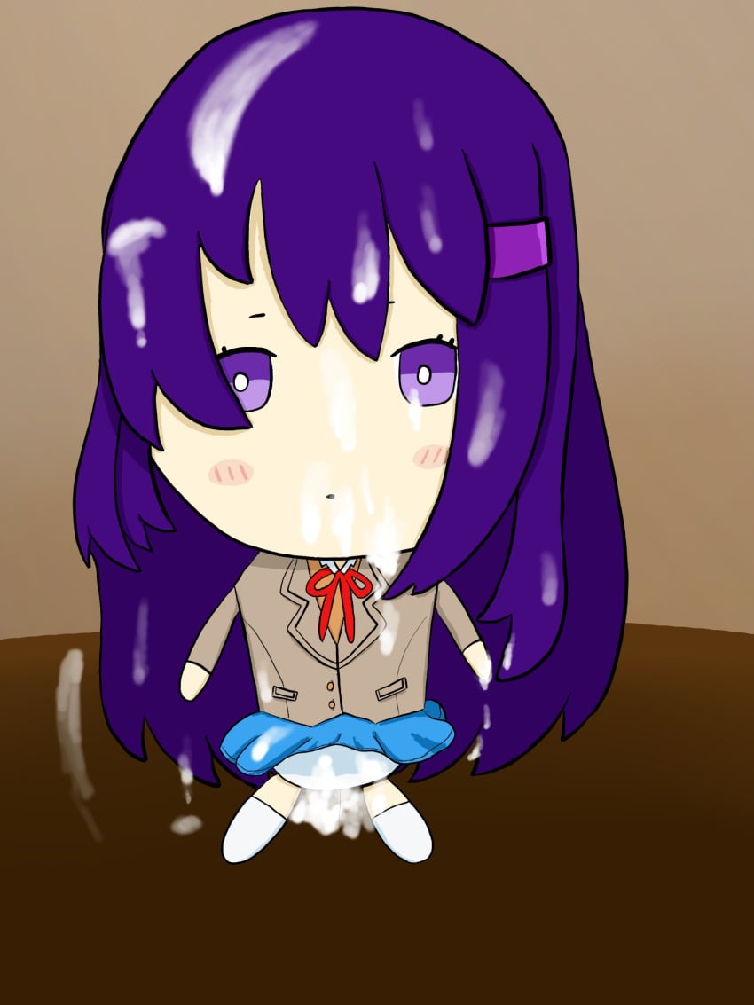 blue_skirt blush cum cum_on_face cum_on_hair cum_on_panties cum_on_plushie cum_on_uniform doki_doki_literature_club dragiye_(artist) looking_at_viewer panties plush plushie purple_eyes purple_hair school_uniform skirt stuffed_animal stuffed_toy uniform yuri_(doki_doki_literature_club) yuri_plush