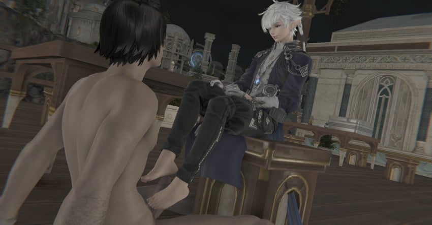 3d alphinaud_leveilleur feet final_fantasy final_fantasy_xiv foot_fetish footjob gay gpose(ffxiv) male male_only tease viera yaoi