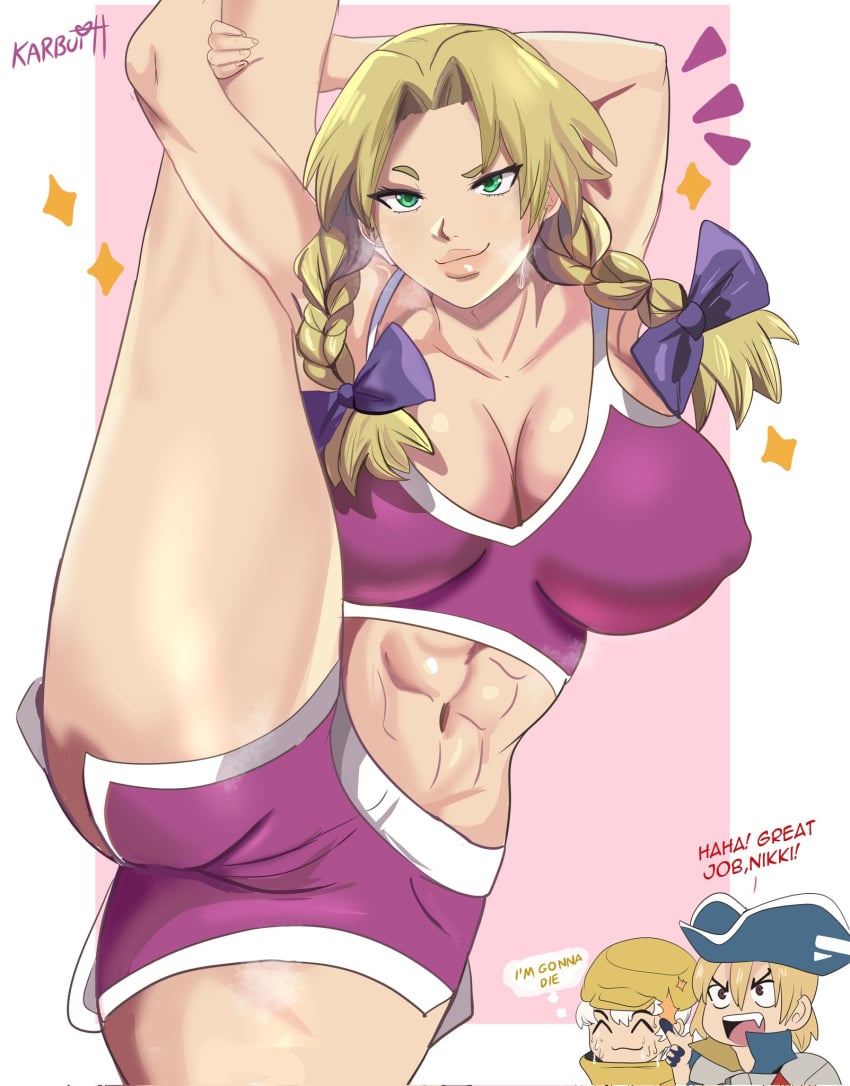 1girls 2boys abs blonde_female blonde_hair braided_twintails cleavage dr.stone female_abs female_focus girl_abs girly_abs green_eyes hanada_nikki karbuitt leg_grab leg_lift leg_up meme muscular muscular_female nanami_ryusui nikki_(dr.stone) pigtails pink_background ponytail purple_shorts purple_sports_bra saionji_ukyo solo solo_female thick_thighs twintails white_background