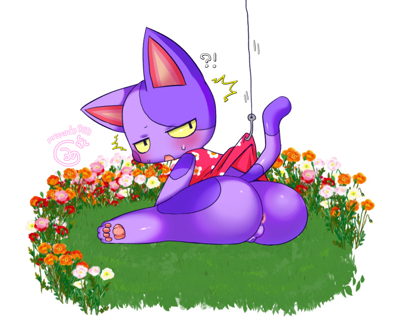 2022 animal_crossing anthro ass backsack balls blush bob_(animal_crossing) bodily_fluids bottomless clothed clothing digital_media_(artwork) domestic_cat felid feline felis fish_hook flower fur genitals hi_res looking_back male mammal nintendo open_mouth pawpads plant purple_body purple_fur solo sweat sweatdrop unknown_artist video_games