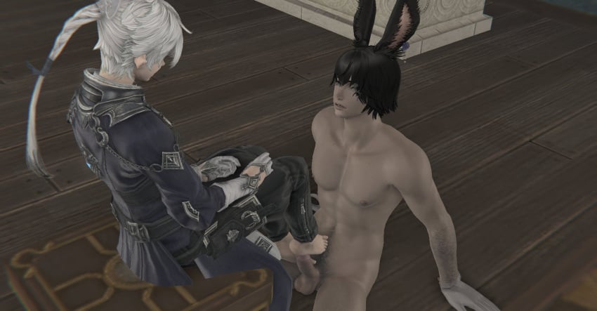 3d alphinaud_leveilleur feet final_fantasy final_fantasy_xiv foot_fetish footjob gay gpose(ffxiv) male male_only tease viera yaoi