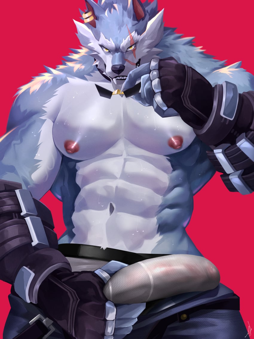 anthro balls bara barazoku big_penis blue_fur boner bulge bulge_to_side dislyte erection erection_under_clothes freddy_(dislyte) furry gay holding_penis ig ig1119 male male_only muscles muscular penis scar scar_across_eye shirtless solo solo_male sweaty wolf