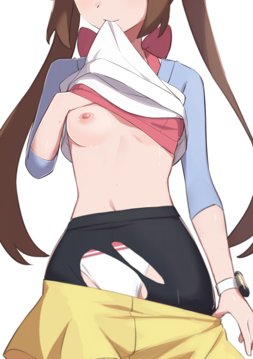 biting biting_clothes blue_shirt bow bra bra_lift breasts brown_hair clothes_lift covering covering_one_breast head_out_of_frame highres midriff morisobo nipples one_breast_out panties pantyhose pink_bra pokemon rosa_(pokemon) shirt shirt_lift skirt tail torn_clothes two-tone_shirt underwear watch white_panties white_shirt yellow_skirt