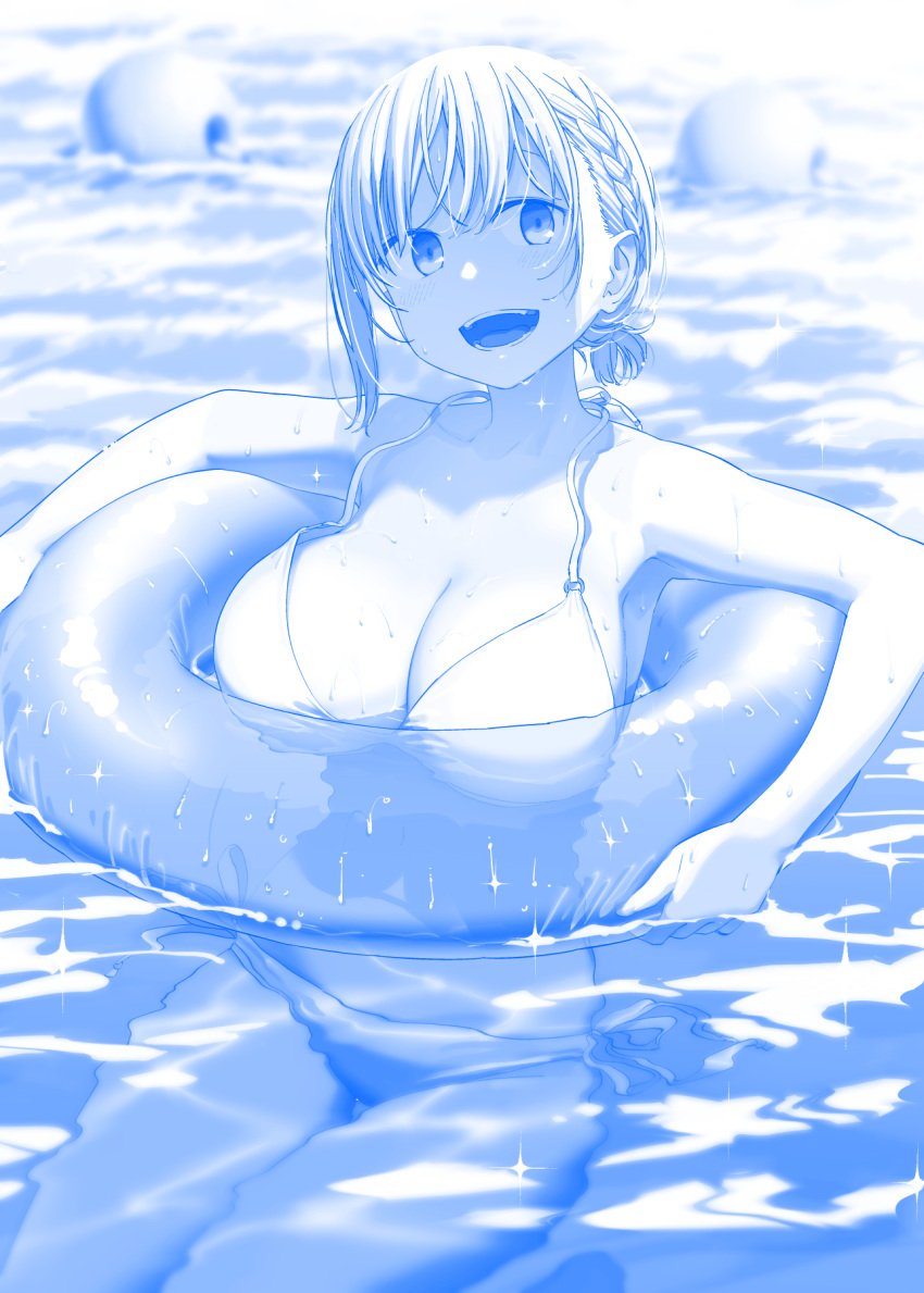 1girls ai-chan_(tawawa) bangs big_breasts bikini braid breasts cleavage getsuyoubi_no_tawawa highres himura_kiseki illustration innertube monochrome pool short_hair side-tie_bikini smile solo swimsuit wet