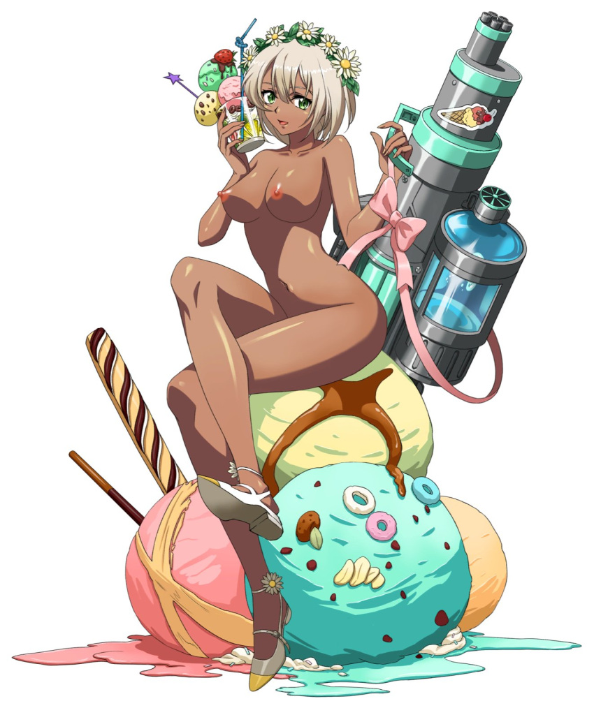 blonde_hair crossed_legs dark_skin erect_penis female flower_crown green_eyes gun holding_object ice_cream langrisser looking_at_viewer nude nude_edit ribbon sitting solo sticker suzette sweets tagme white_background