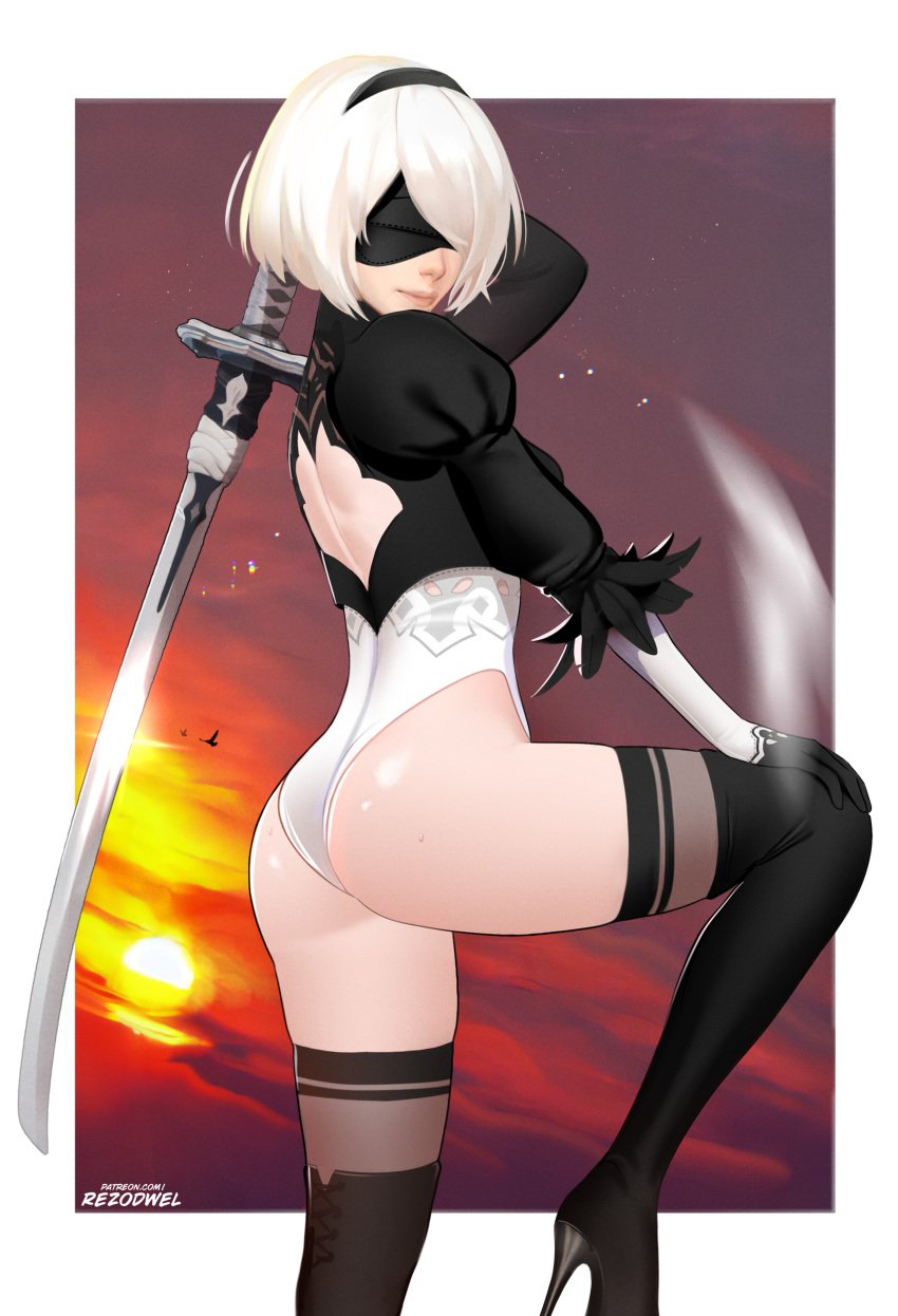 1girls ass blindfold female female_only grey_hair hairband high_heel_boots legwear leotard nier nier:_automata nier_(series) rezodwel short_hair solo solo_female standing sword thick_thighs thighs yorha_2b