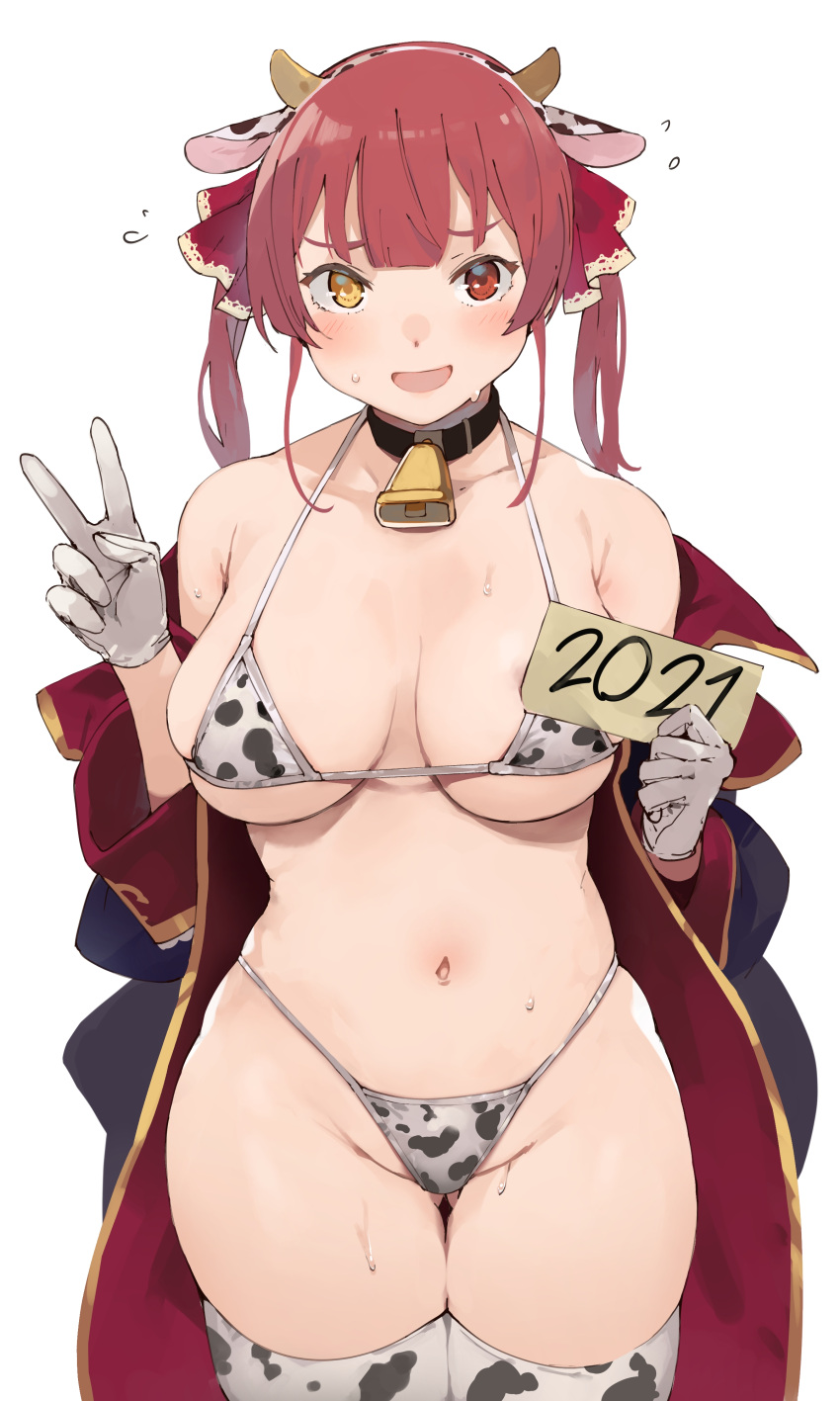 2021 absurdres animal_print bangs bikini blush breasts chinese_zodiac cow_print denizen_tomo female heterochromia highleg highleg_bikini highres hololive hololive_fantasy hololive_japan houshou_marine large_breasts long_hair looking_at_viewer navel open_mouth red_eyes red_hair red_ribbon ribbon simple_background smile solo sweat swimsuit thighhighs twintails v virtual_youtuber white_background year_of_the_ox yellow_eyes