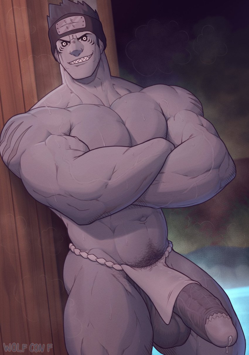 1boy arms_crossed balls ballsack bara beefy big_penis boner dangling_testicles erect_penis erection foreskin foreskin_folds fundoshi fundoshi_lift gills hard_on headband hoshigaki_kisame huge_cock humanoid humanoid_penis intact leaning_against_tree loincloth low_hanging_balls male male_only male_pubic_hair muscles muscular_male naruto naruto_shippuden penis_out penis_peek precum precum_drip retracted_foreskin solo solo_male wolf_con_f