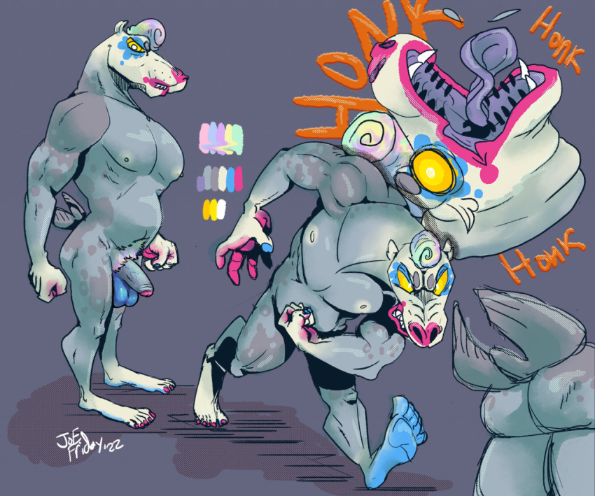 alt anthro balls beer_belly big_feet big_pecs blue_balls bright_colors clown clown_makeup clown_paint facial_markings feet fin genitals head_markings honk male mammal marine markings musclegut pantsu_smiley pastel_hair pecs pinniped punk red_nose seal sharp_teeth solo tail_fin teeth