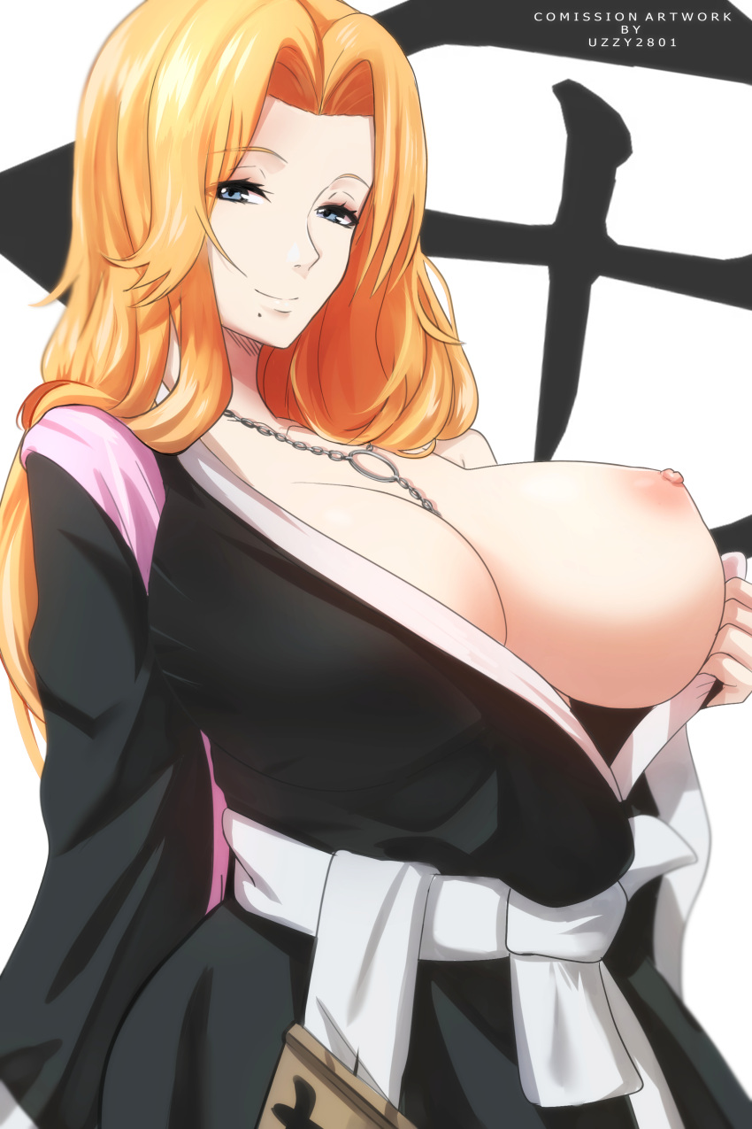 1girls big_breasts bleach blue_eyes breasts busty cleavage female female_only huge_breasts kimono large_breasts looking_at_viewer matsumoto_rangiku mole mole_under_mouth necklace no_bra one_breast_out open_clothes open_kimono presenting presenting_breasts smile solo solo_focus upper_body uzzy2801 voluptuous