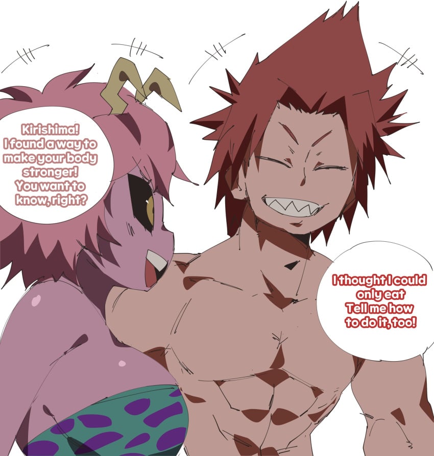 1boy 1girls abs big_breasts black_sclera breasts closed_eyes coffing_(artist) dialogue eijirou_kirishima english_text female hero_outfit_(mha) horns mina_ashido my_hero_academia pink_body pink_hair pink_skin red_hair sharp_teeth short_hair smile speech_bubble text yellow_eyes