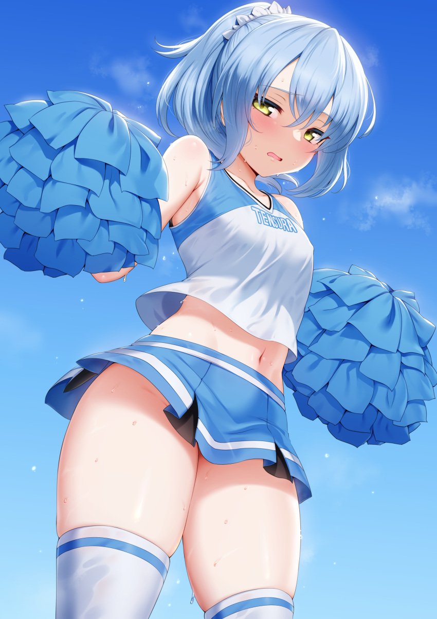 1girls bangs belly blue_hair blue_skirt blue_sky blush breasts cheerleader cheerleader_uniform clavicle clothing copyright_name cowboy_shot erect_nipples erect_nipples_under_clothes eyebrows_visible_through_hair female genderswap_(mtf) hair_ornament hair_ribbon high_ponytail high_resolution legwear m-da_s-tarou miniskirt navel nipples pom_poms ponytail ribbon rimuru_tempest shirt skindentation skirt sky small_breasts solo sweat tank_top tensei_shitara_slime_datta_ken thick_thighs thighhighs thighs tied_hair very_high_resolution white_hair_ornament white_hair_ribbon white_legwear white_ribbon white_shirt white_tank_top white_thighhighs yellow_eyes zettai_ryouiki