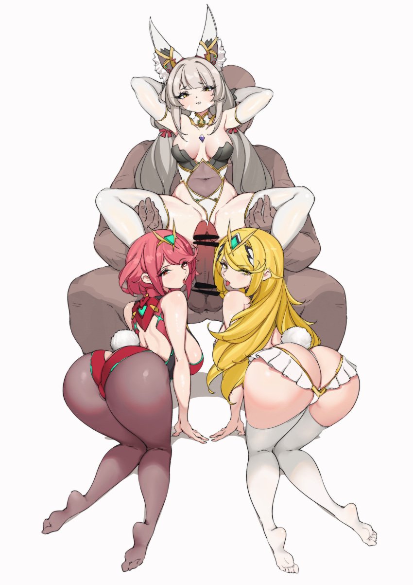 1boy 3girls all_fours animal_ears ass ass_cleavage balls big_ass big_butt blonde_hair breasts bunny_ears bunny_girl bunny_tail bunnysuit butt_crack censored censored_penis clothed_female_nude_male dark-skinned_male dark_skin erection eye_contact faceless_male female fffm_foursome foursome harem hikari_(xenoblade_2) interracial lamsass legwear leotard light-skinned_female light_skin looking_at_viewer male multiple_girls mythra netorare nia nia_(xenoblade) pantyhose pimp pyra red_eyes red_hair testicles thick_ass thick_thighs thighhighs thighs white_background xenoblade_(series) xenoblade_chronicles_2 yellow_eyes