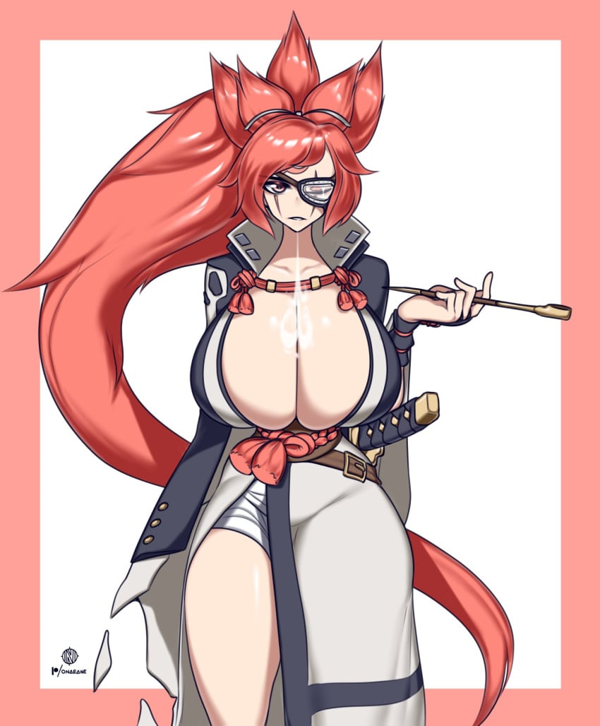 1girls baiken big_breasts breasts cleavage eye_patch face_markings female female_only guilty_gear huge_breasts kiseru large_breasts onaeane red_eyes red_hair scar scar_across_eye smoking solo thick_thighs