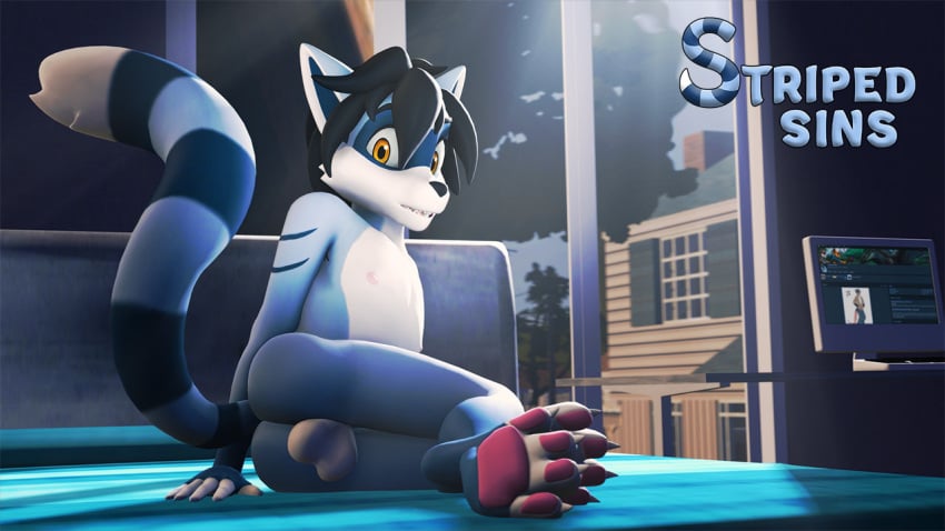 16:9 anthro balls bed bedroom black_hair blue_body blue_fur cute_expression felix_(striped_sins) fur furniture genitals hair male mammal pawpads paws pinup pose presenting_balls procyonid raccoon solo striped_sins widescreen willitfit window yellow_eyes