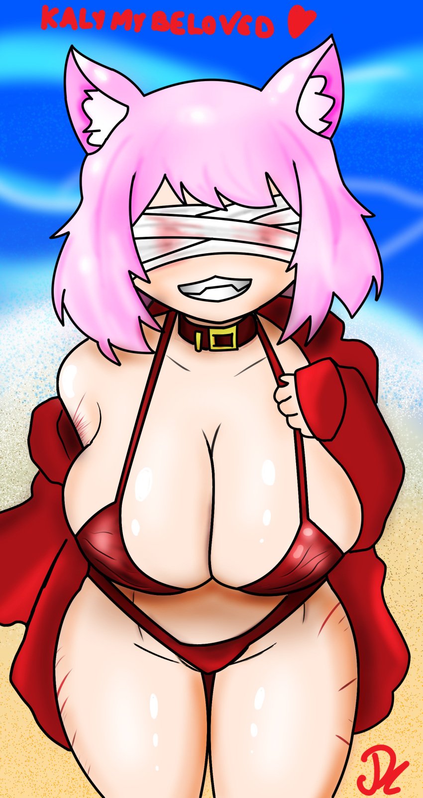 :3 animal_ears bandage beach beach_towel belt_collar big_breasts bikini choker clenched_teeth cute dark_eagle fangs fluffy_ears kaly_(dark_eagle) love original_character pink_hair scar short_hair smile