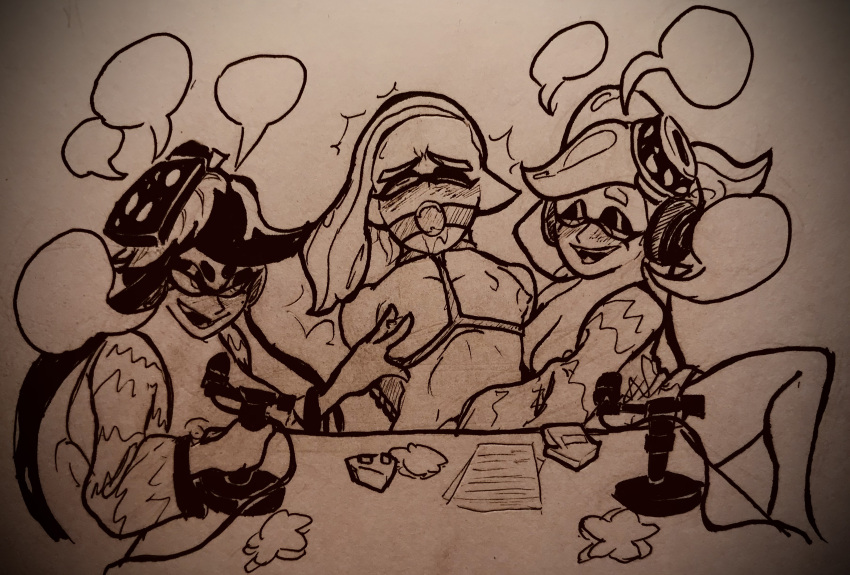 1boy 2girls ball_gag bedroom_eyes blush bondage breasts callie_(splatoon) female femdom feminine_male gag gagged gentle_femdom half-closed_eyes handjob inkling inkling_boy levi_(oh_gosh_levi) male marie_(splatoon) microphone nipple_pinch nipple_play nipples oh_gosh_levi podcast restrained sketch splatoon squid_sisters submissive submissive_male