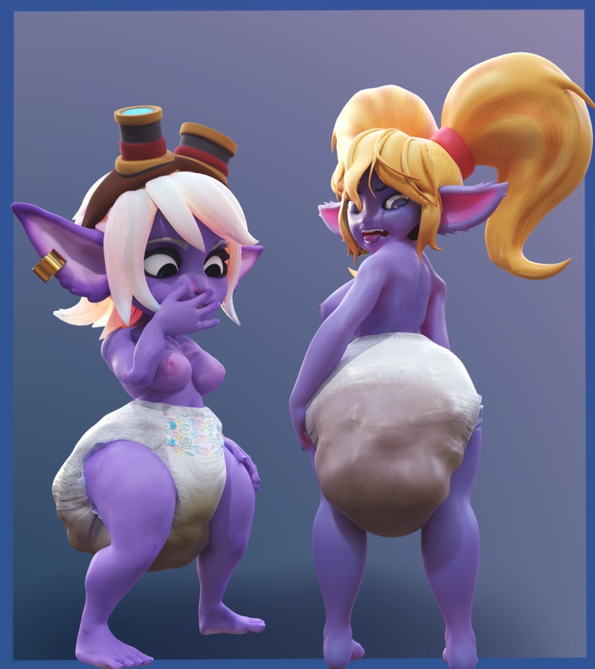 2girls 3d blonde_hair breasts diaper feces female hodgepodgedl holding_nose league_of_legends messy_diaper nipples pinching_nose poppy purple_skin scat shitting shortstack soiling tristana twintails white_hair yordle