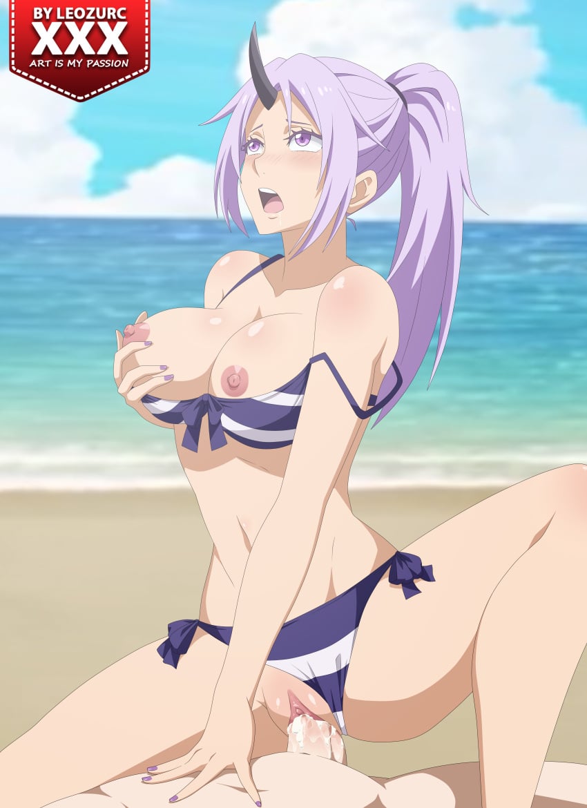 1boy 1girls beach big_breasts bikini bikini_aside breast_grab breasts cum grabbing grabbing_own_breast leozurcxxx nail_polish one_eye_closed outside purple_eyes purple_hair purple_nails sex shion_(tensei_shitara_slime_datta_ken) sky slim_waist smile solo spread_legs swimsuit_aside tensei_shitara_slime_datta_ken thick_thighs thighs vaginal_penetration water