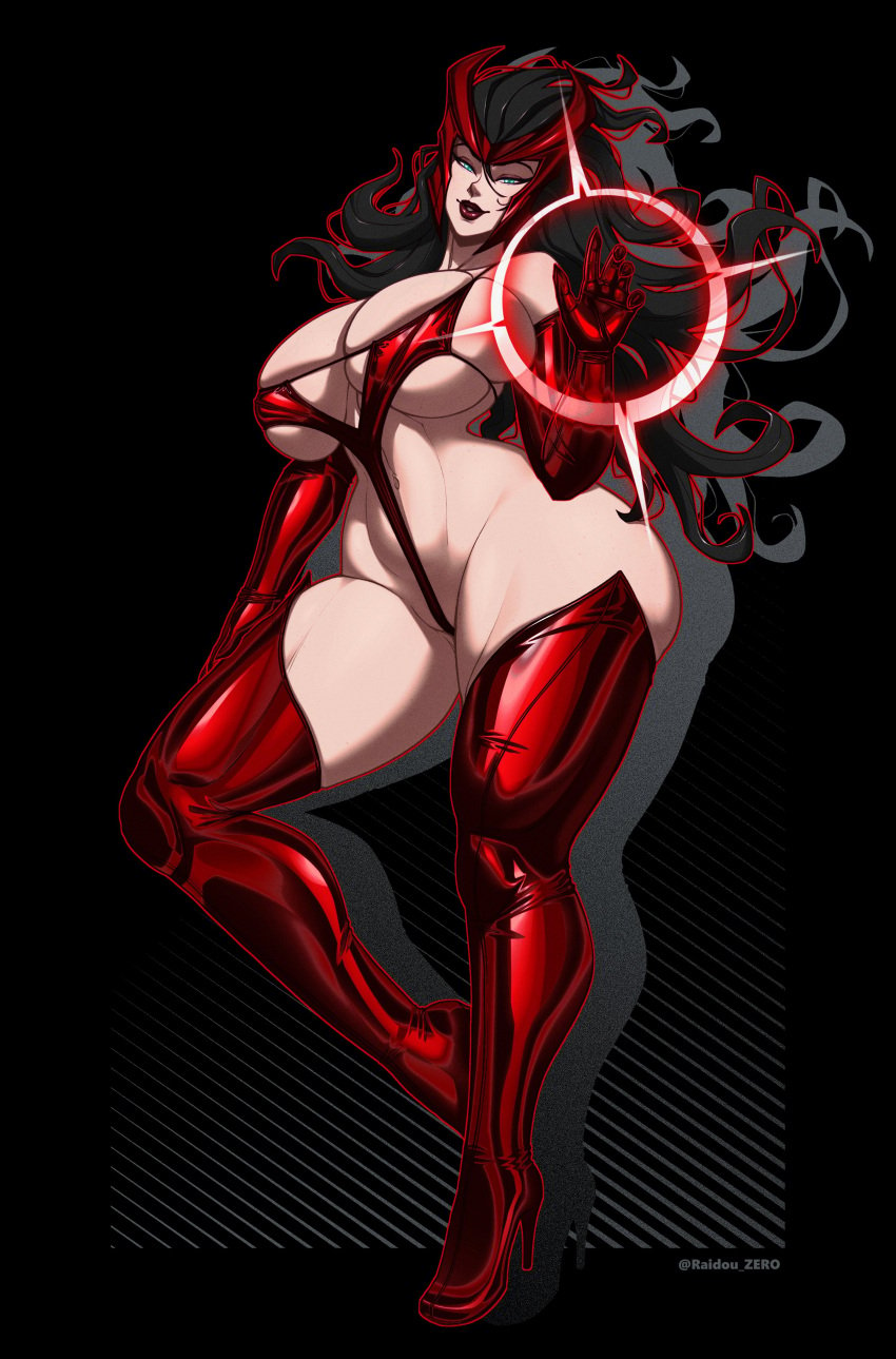 1girls alternate_breast_size alternate_costume big_ass big_breasts big_butt black_background black_hair blue_eyes breasts_bigger_than_head female female_focus female_only huge_breasts human large_ass large_butt long_hair magic marvel marvel_comics practically_nude raidouzero red_clothing scarlet_witch skindentation small_waist solo solo_focus tagme thick_ass thick_thighs thighhighs wanda_maximoff wide_hips