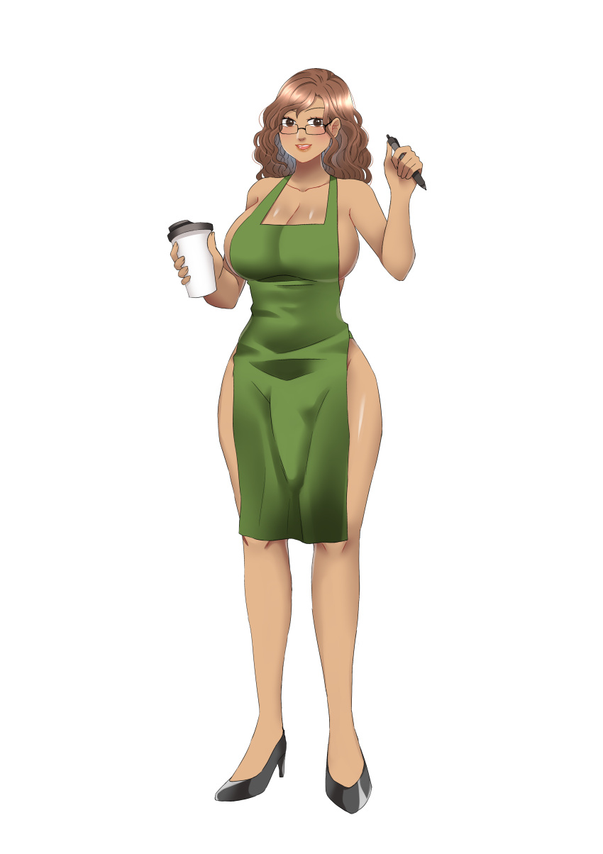 1futa animal_ears apron apron_only athorment_oc barista big_breasts brown_eyes brown_hair bulge bulge_through_clothing cleavage clothed clothing curly_hair dark-skinned_futanari dark_skin evelyn_(athorment) evelyn_(athorment)_(futa) evelyn_mirage_(athorment) full_body futa_only futanari glasses heels high_heels iced_latte_with_breast_milk iced_latte_with_dick_milk intersex latina latina_futa long_hair looking_at_viewer meme millefleur mostly_nude naked_apron solo standing starbucks starbucks_barista white_background