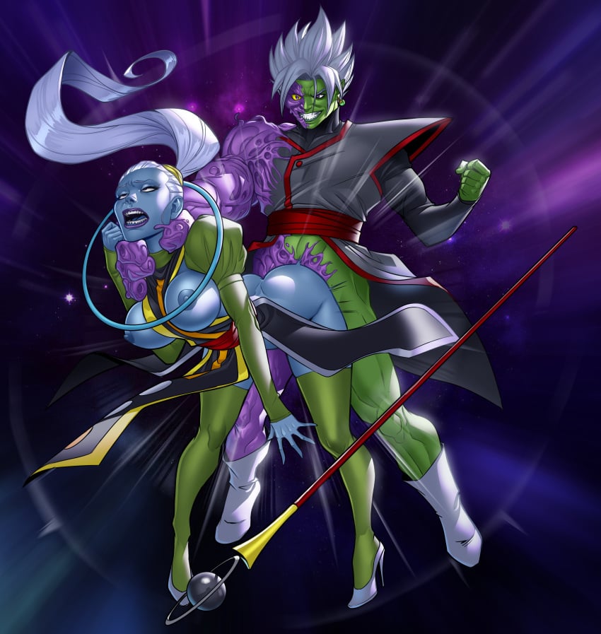 angel angel_(dragon_ball) asphyxiation ball big big_breasts breasts choking doggy_style dragon_ball dragon_ball_super from_behind fucked_senseless fucked_silly fused_zamasu fusion galaxy mutant neck_grab nipples partially_clothed potara_earrings robilua rough_sex space staff super_saiyan super_saiyan_rose vados vaginal_penetration white_hair zamasu