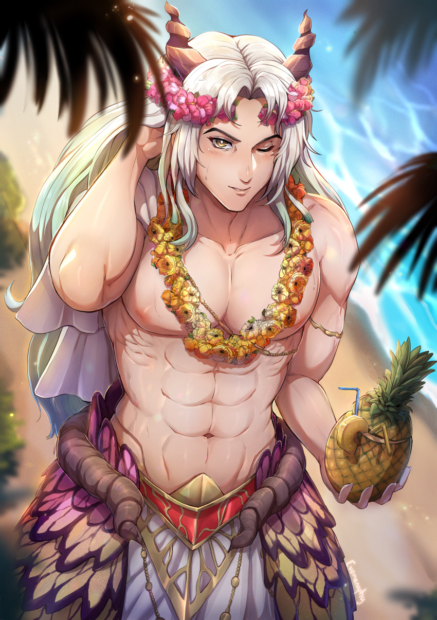 1boy abs absurdres beach butterfly_wings drinking_straw evomanaphy fire_emblem fire_emblem_heroes flower food freyr_(fire_emblem) freyr_(summer)_(fire_emblem) from_above fruit fruit_cup gradient_hair green_hair hair_flower hair_ornament head_wreath highres horns jewelry long_hair looking_at_viewer male male_focus male_only male_swimwear multicolored_hair muscular muscular_male navel nintendo one_eye_closed pineapple pineapple_slice sand sweat swimsuit white_hair wings