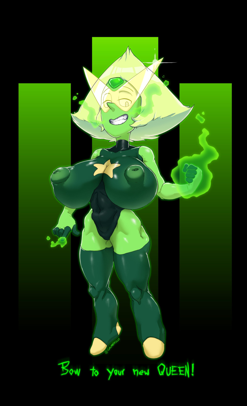 1girls big_breasts bodysuit breasts female femdom green_body grinning grunemslut muscular muscular_female nipple_bulge peridot_(steven_universe) puffy_nipples shortstack solo steven_universe top_heavy_breasts wide_hips