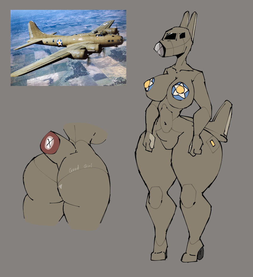 aeromorph aircraft asciisuki b-17 bomber cockpit eyeless green_body living_aircraft living_machine simple_background tail thick_thighs wings