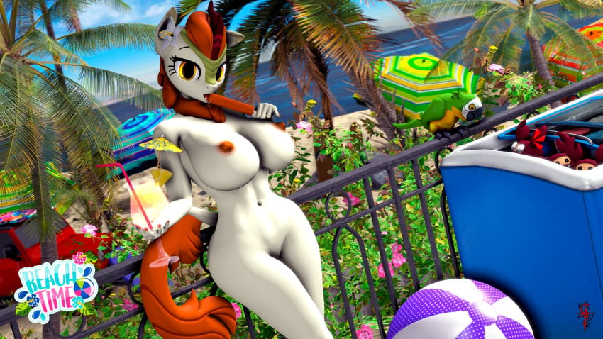 3d_(artwork) accessory alcohol amber_eyes anthro anthrofied areola asian_mythology autumn_blaze_(mlp) avian ball beach_ball beverage big_breasts bird breasts chinese_mythology cocktail cocktail_glass container cup digital_media_(artwork) drinking_glass east_asian_mythology flower flower_in_hair food friendship_is_magic genitals glass glass_container glass_cup hair hair_accessory hi_res horn inflatable kirin looking_at_viewer my_little_pony mythology nipples nude orange_hair palm_tree parrot plant popsicle pussy shadowuwu straw tree umbrella_drink