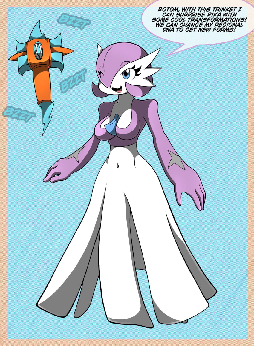 1girls alternate_breast_size alternate_color blue_eyes gardevoir humanoid kiroxiii oc pokemon pokemon_(species) purple_hair skirt speech_bubble text white_body