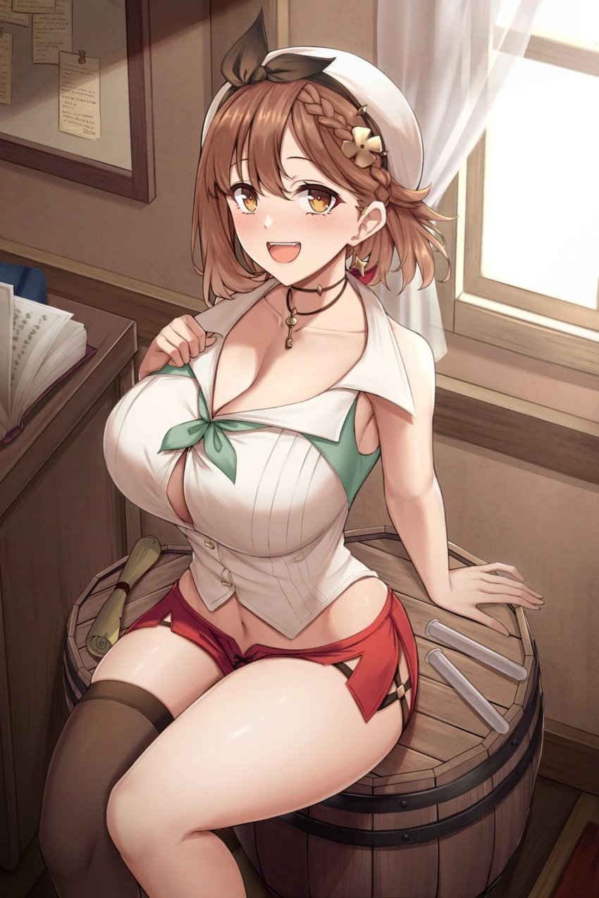 atelier_(series) atelier_ryza big_breasts blush breasts cleavage cute fou_zi large_breasts paintcan reisalin_stout smile thick_thighs wide_hips