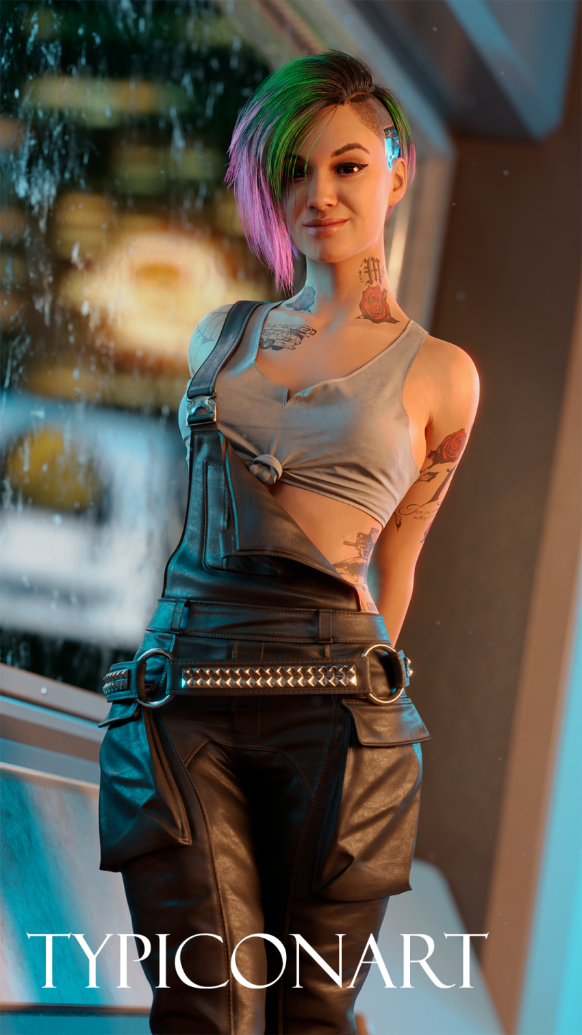 1girls 3d 3d_(artwork) arms_behind blender cd_projekt_red clothed clothing cyberpunk cyberpunk_2077 female female_only judy_alvarez smile solo solo_female standing streetwear typiconart