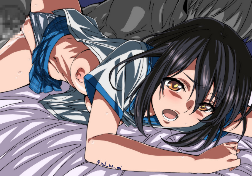 1boy anime_coloring bed_sheet black_hair breasts clothed_sex clothing_aside commission female highres himeragi_yukina midriff navel nipples no_bra panties panties_aside plaid plaid_skirt pleated_skirt school_uniform serafuku sex skeb_commission skirt strike_the_blood twitter_username underwear watermark white_panties yuukami_(wittsu)